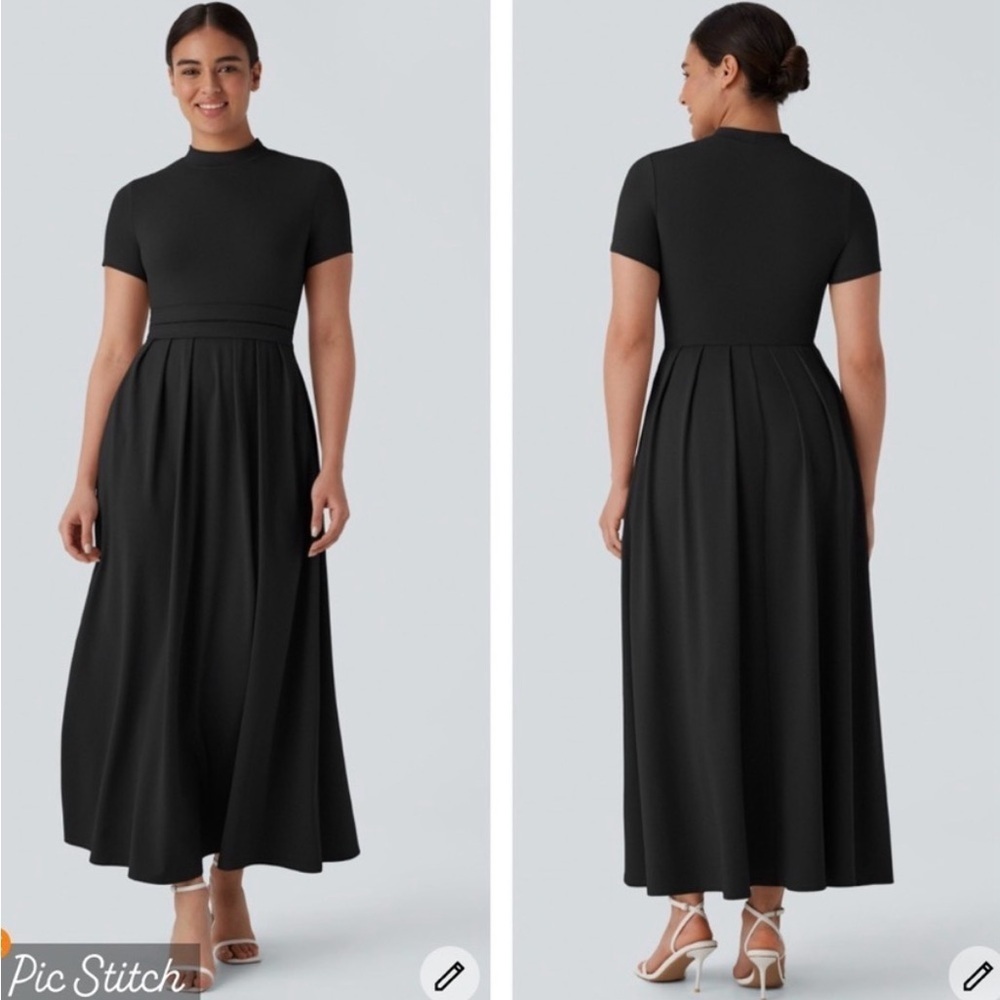 Halara Stand Collar Short Sleeve Pocket Flare Maxi Dress Black